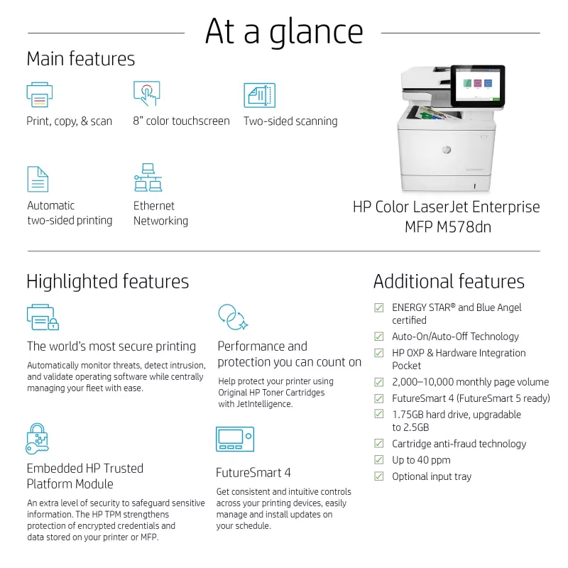 HP Color LaserJet Enterprise MFP M578dn, Laser, värviprintimine, 1200 x 1200 DPI, A4, otseprintimine, valge