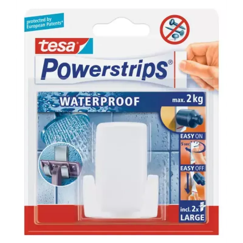 Raseerijahoidja Tesa Powerstrips Waterproof Wave, kleepuv vannitoakinnitus, veekindel disain, valge
