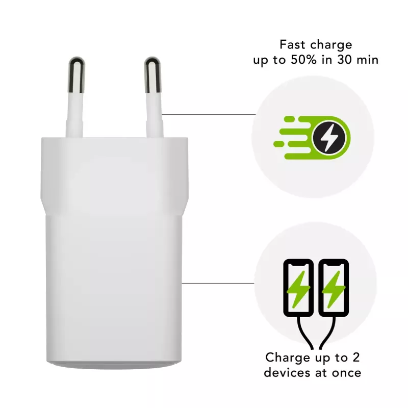 Indoor USB-C 30W + USB-A 18W Charger by d bramante — model CH18EUWH7082, valge, AC 110–240V