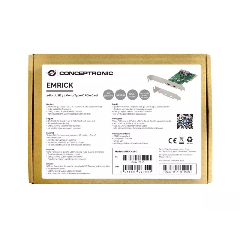 Conceptronic EMRICK 2-pordiline USB 3.2 Gen 2 USB-C PCIe kaart, isetoitega