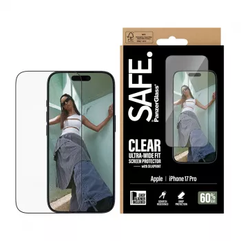 Ekraanikaitse PanzerGlass SAFE. by iPhone 17 Pro jaoks — ülilai PET-kile musta raamiga, kuivpaigaldus, kriimustus- ja põrutuskindel