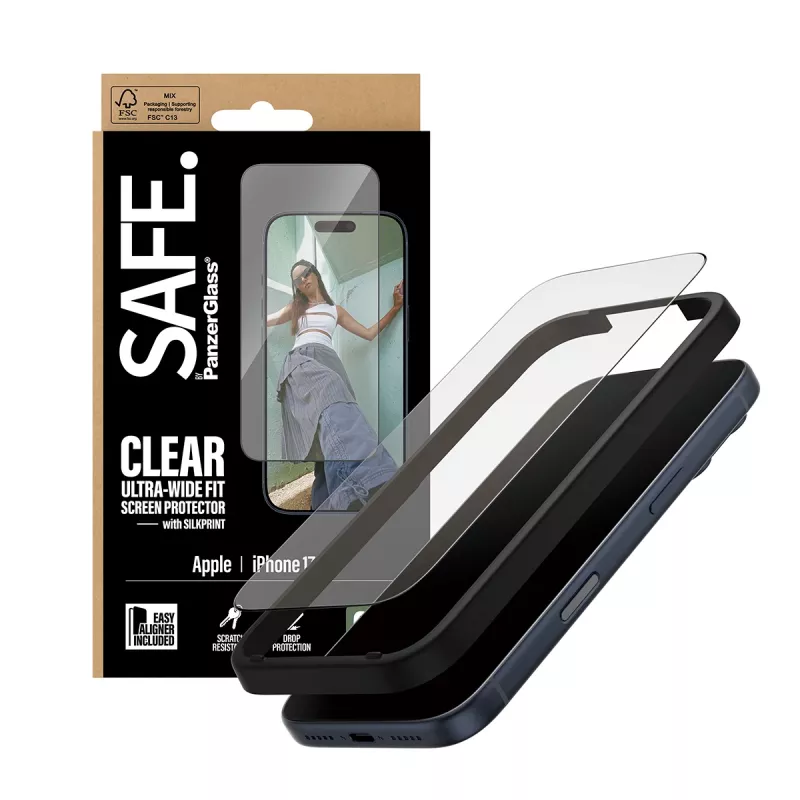Ekraanikaitse PanzerGlass SAFE. by iPhone 17 Pro jaoks — ülilai PET-kile musta raamiga, kuivpaigaldus, kriimustus- ja põrutuskindel