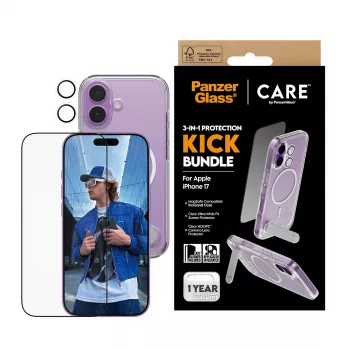 Kaitseümbris PanzerGlass CARE Feature Kick 3w1 iPhone 17-le koos sisseehitatud ekraaniklaasi ja kaamera objektiivi kaitsega