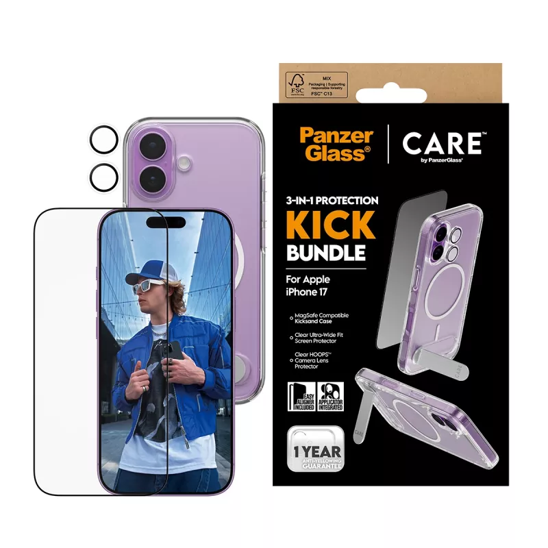 Kaitseümbris PanzerGlass CARE Feature Kick 3w1 iPhone 17-le koos sisseehitatud ekraaniklaasi ja kaamera objektiivi kaitsega