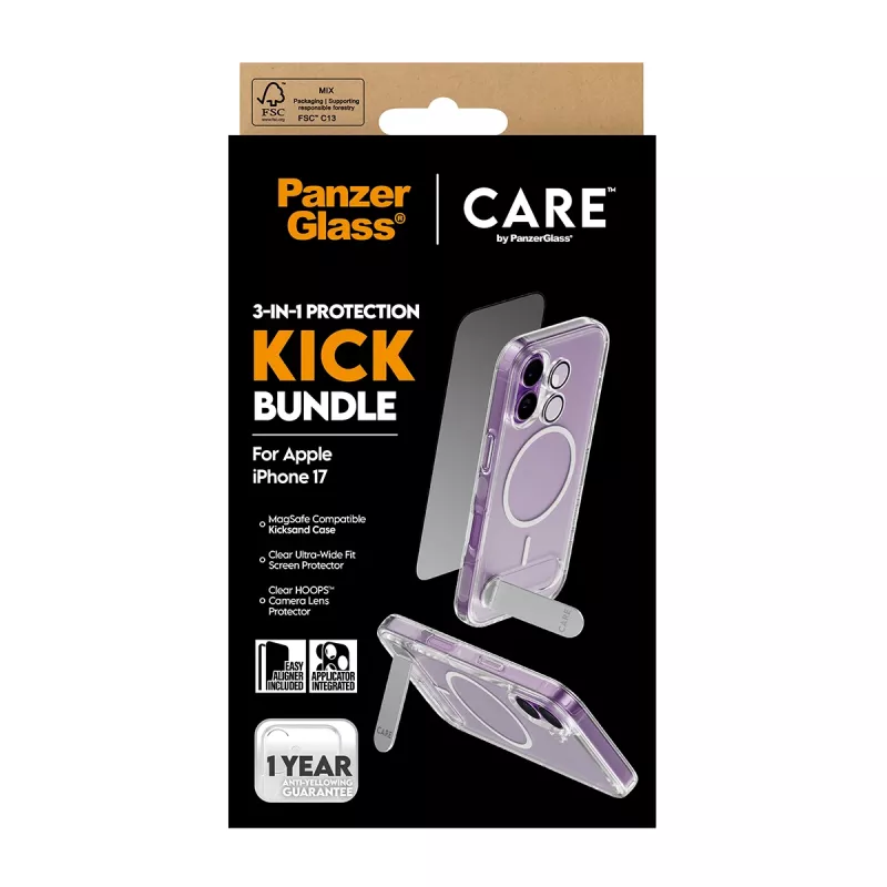 Kaitseümbris PanzerGlass CARE Feature Kick 3w1 iPhone 17-le koos sisseehitatud ekraaniklaasi ja kaamera objektiivi kaitsega