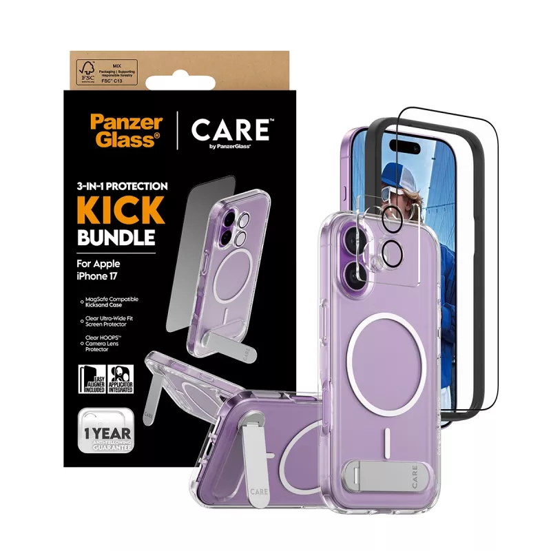 Kaitseümbris PanzerGlass CARE Feature Kick 3w1 iPhone 17-le koos sisseehitatud ekraaniklaasi ja kaamera objektiivi kaitsega