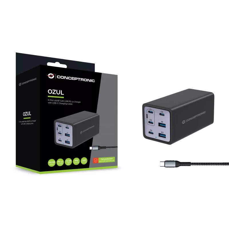 Conceptronic 6-pordiline 200 W GaN USB PD laadija koos USB-C laadimiskaabliga, USB-C x 4, USB-A x 2, QC 3.0, PD 3.1, PPS