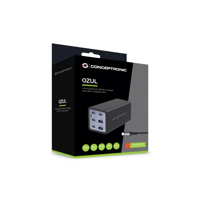 Conceptronic 6-pordiline 200 W GaN USB PD laadija koos USB-C laadimiskaabliga, USB-C x 4, USB-A x 2, QC 3.0, PD 3.1, PPS