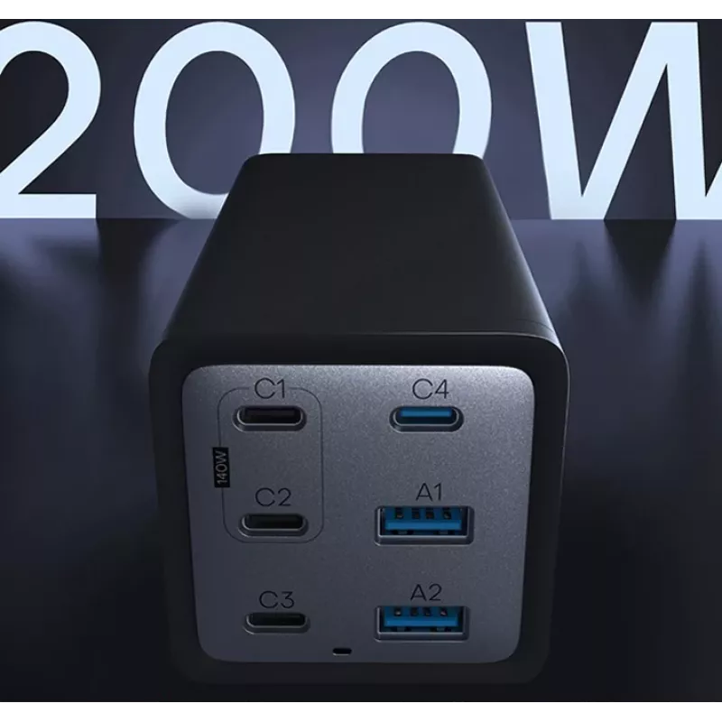 Conceptronic 6-pordiline 200 W GaN USB PD laadija koos USB-C laadimiskaabliga, USB-C x 4, USB-A x 2, QC 3.0, PD 3.1, PPS