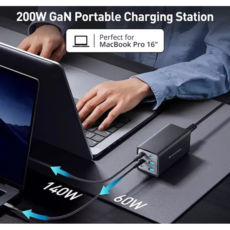 Conceptronic 6-pordiline 200 W GaN USB PD laadija koos USB-C laadimiskaabliga, USB-C x 4, USB-A x 2, QC 3.0, PD 3.1, PPS