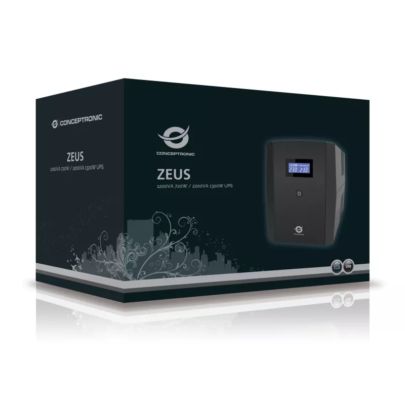 Conceptronic ZEUS 1200VA 720W UPS, IEC + Schuko pistikupesa, liin-interaktiivne, 1,2 kVA, 720 W, 220 V, 240 V, 220 V