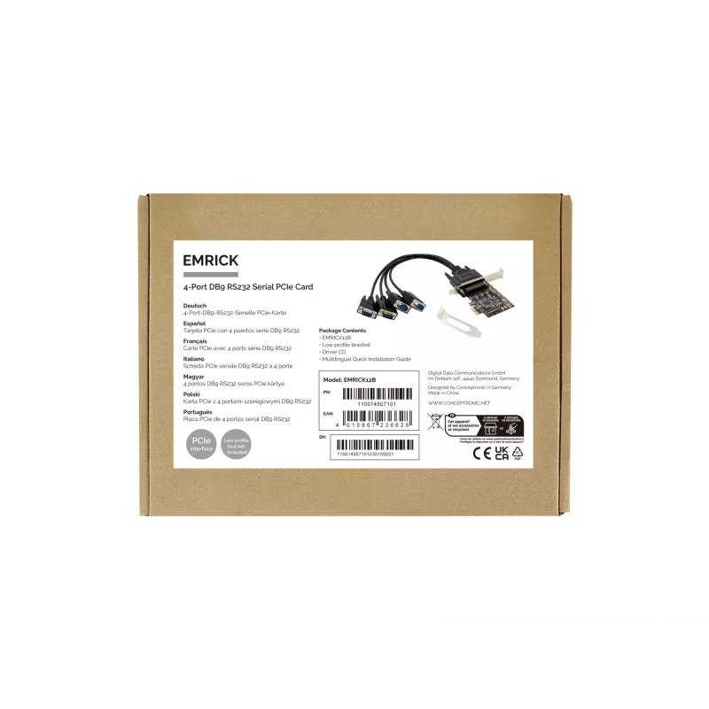 Conceptronic 4-pordiline DB9 RS232 jadaliiidese PCIe-kaart, PCIe, RS-232, PCIe 2.0, RS-232, Must, Hiina