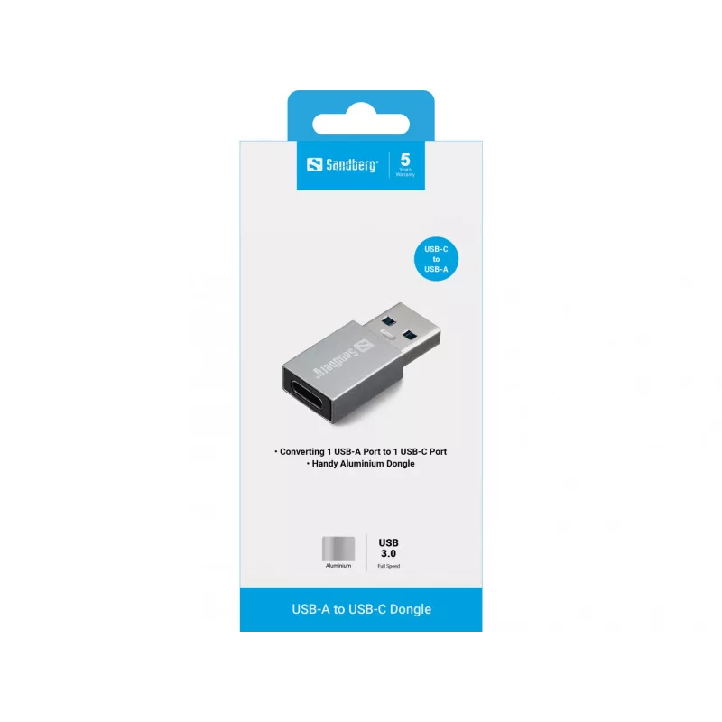 Sandberg USB-A USB-C-pistikule adapter, USB-A, USB-C, Alumiinium