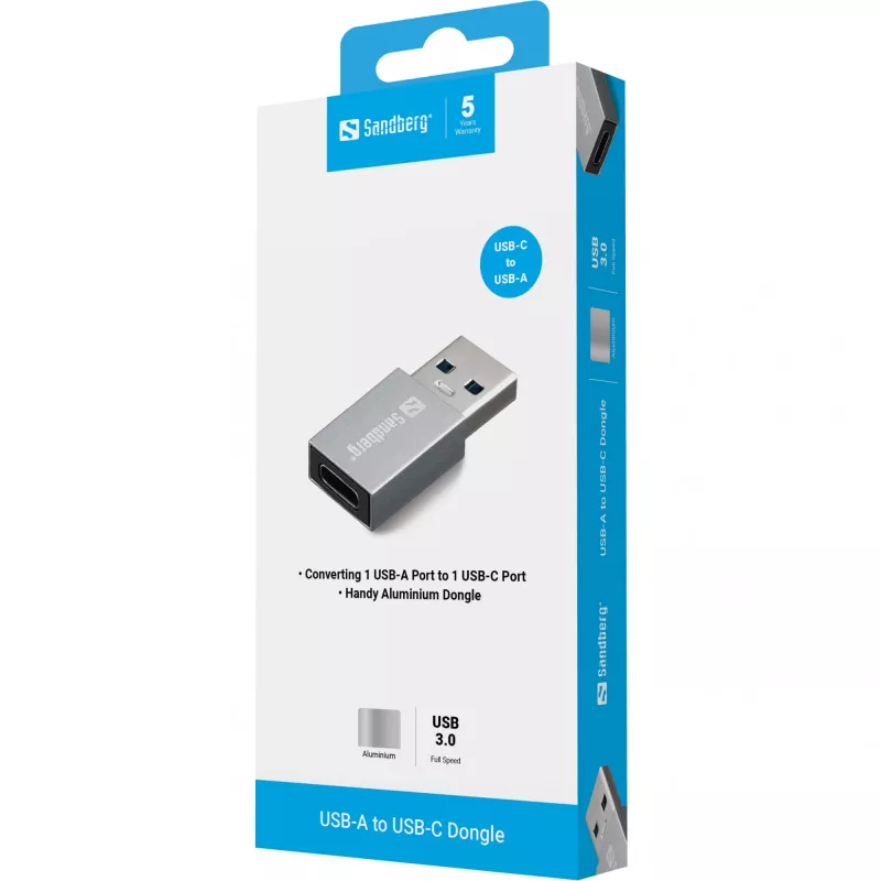 Sandberg USB-A USB-C-pistikule adapter, USB-A, USB-C, Alumiinium