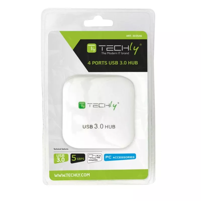 Techly USB 3.0 Super Speed Hub, 4 porti, valge, IUSB3-HUB4-WH, USB 3.2 Gen 1 (3.1 Gen 1) Type-A, 5000 Mbit/s, valge, 0,8 m, CE, RoHS, USB 2.0 USB 1.1