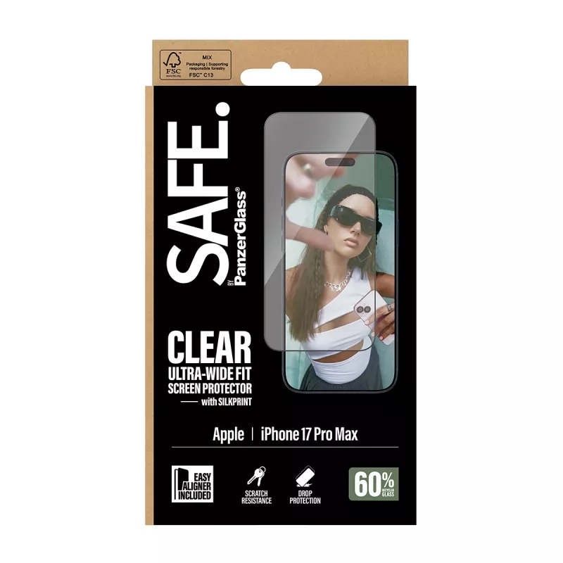 Ekraanikaitse PanzerGlass SAFE. iPhone 17 Pro Max jaoks – ülilai PET-kile musta raamiga, EasyAligner, kriimustus- ja löögikindel