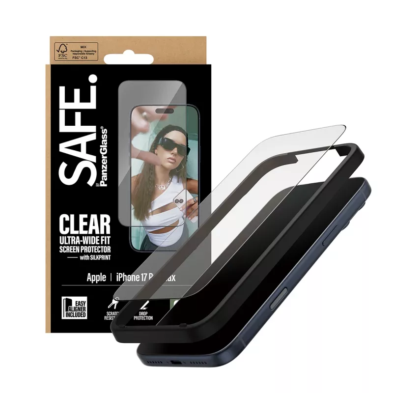 Ekraanikaitse PanzerGlass SAFE. iPhone 17 Pro Max jaoks – ülilai PET-kile musta raamiga, EasyAligner, kriimustus- ja löögikindel