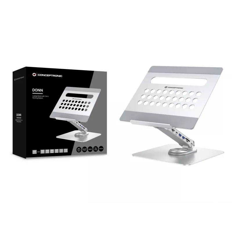 Conceptronic DONN27G, sülearvuti alus, hõbedane, alumiinium, 360°, USB 3.2 Gen 1 (3.1 Gen 1) USB-C, 5000 Mbit/s