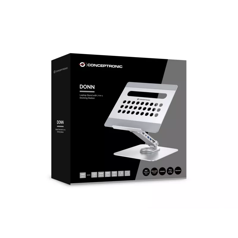 Conceptronic DONN27G, sülearvuti alus, hõbedane, alumiinium, 360°, USB 3.2 Gen 1 (3.1 Gen 1) USB-C, 5000 Mbit/s