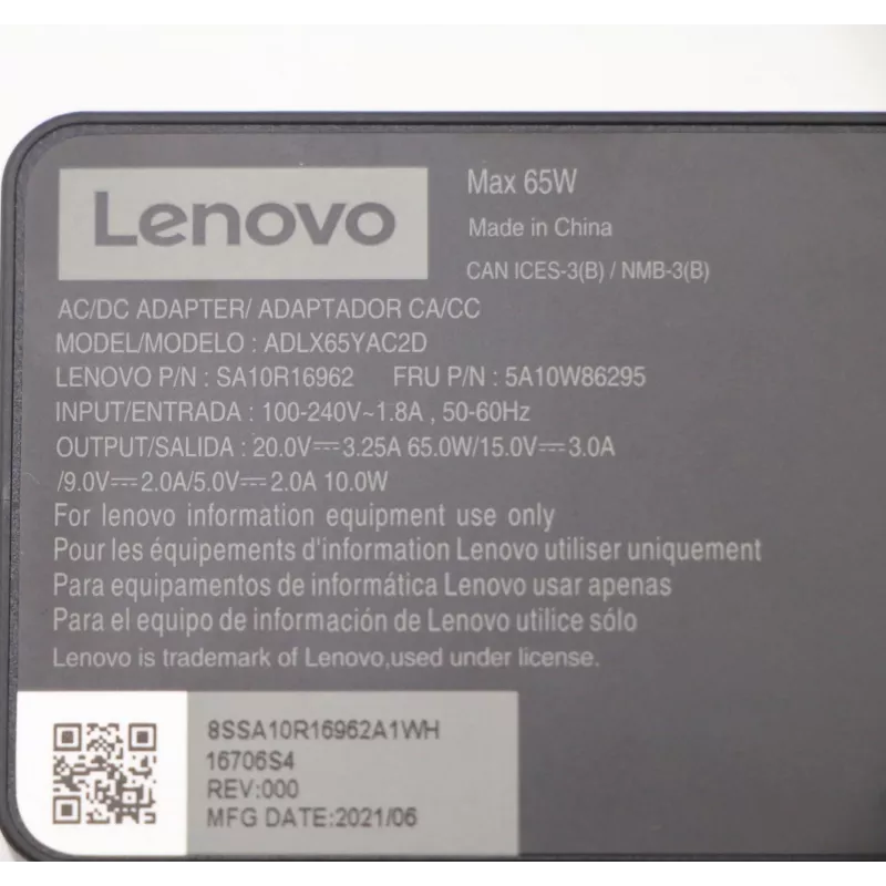 Lenovo 5A10W86295 toiteadapter Sisetingimustesse 65 W Must