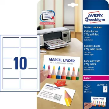Visikaardilehed Avery Zweckform C32026-25, 85×54 mm, valge kartong, 25 kaarti