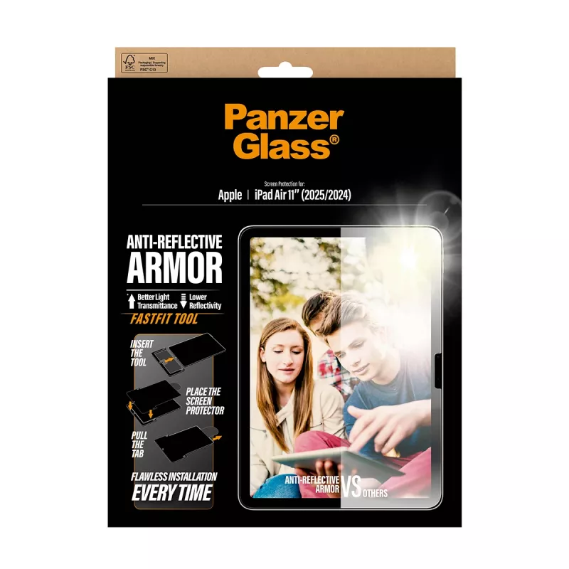Ekraanikaitse PanzerGlass Anti-Reflective Armor iPad Air 11 tollile (2024–2026) Ultra-Wide Fit koos FastFiti tööriistaga, PET/silikoon
