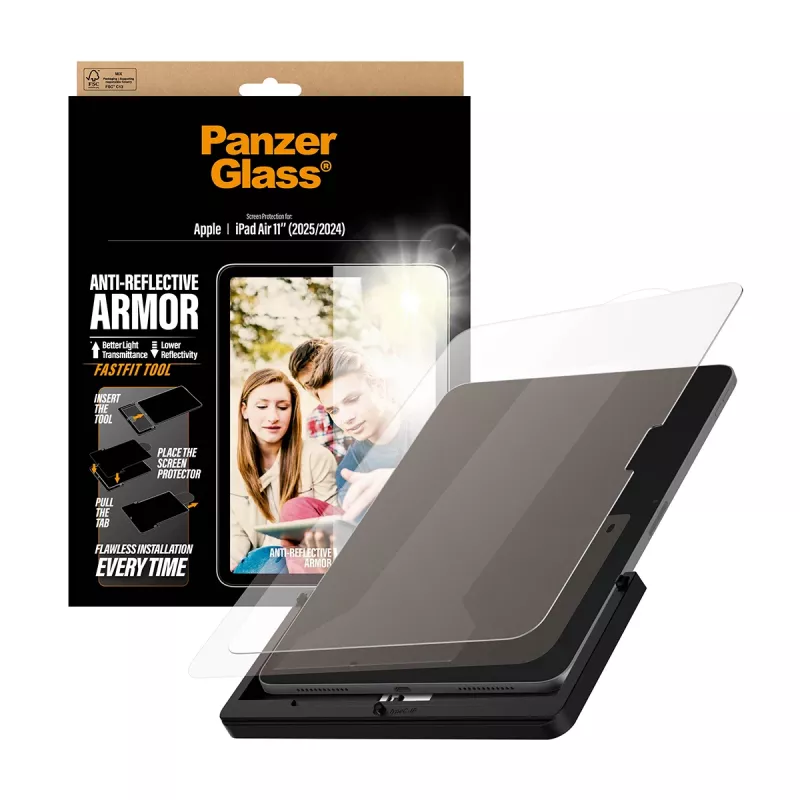 Ekraanikaitse PanzerGlass Anti-Reflective Armor iPad Air 11 tollile (2024–2026) Ultra-Wide Fit koos FastFiti tööriistaga, PET/silikoon