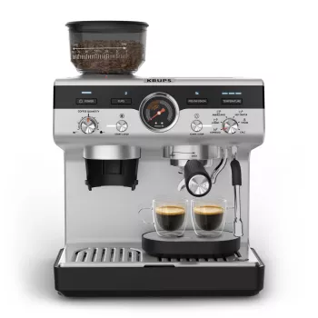 Espressomasin KRUPS XP801T poolautomaatne sisseehitatud veskiga, 3 l veepaak, 2 tassi väljastus, must/roostevaba teras