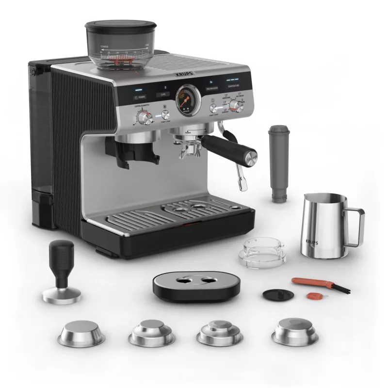 Espressomasin KRUPS XP801T poolautomaatne sisseehitatud veskiga, 3 l veepaak, 2 tassi väljastus, must/roostevaba teras