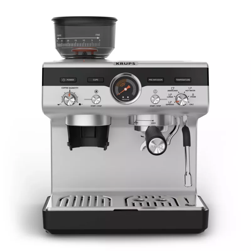 Espressomasin KRUPS XP801T poolautomaatne sisseehitatud veskiga, 3 l veepaak, 2 tassi väljastus, must/roostevaba teras