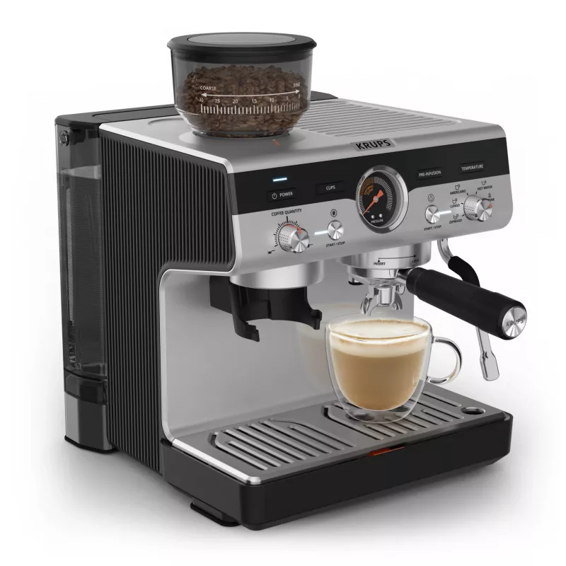 Espressomasin KRUPS XP801T poolautomaatne sisseehitatud veskiga, 3 l veepaak, 2 tassi väljastus, must/roostevaba teras