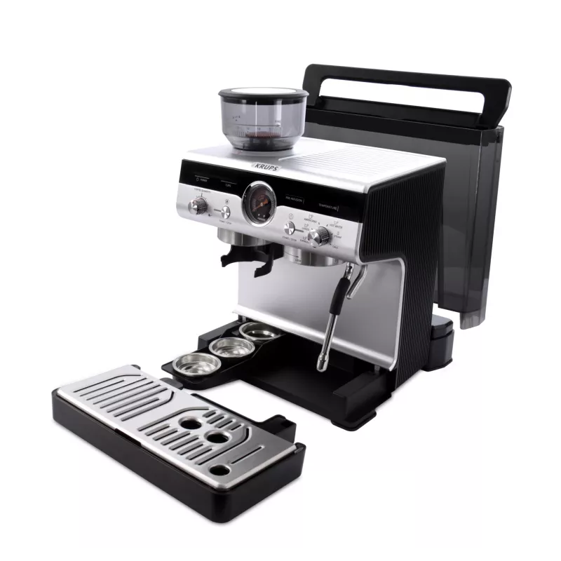 Espressomasin KRUPS XP801T poolautomaatne sisseehitatud veskiga, 3 l veepaak, 2 tassi väljastus, must/roostevaba teras
