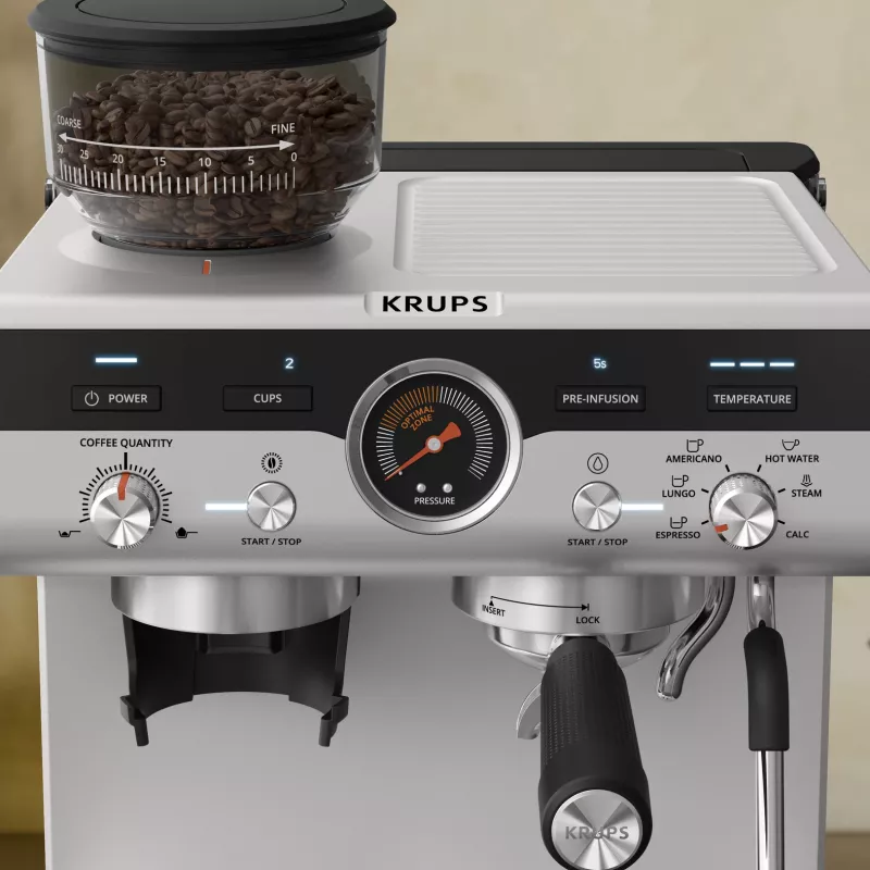 Espressomasin KRUPS XP801T poolautomaatne sisseehitatud veskiga, 3 l veepaak, 2 tassi väljastus, must/roostevaba teras