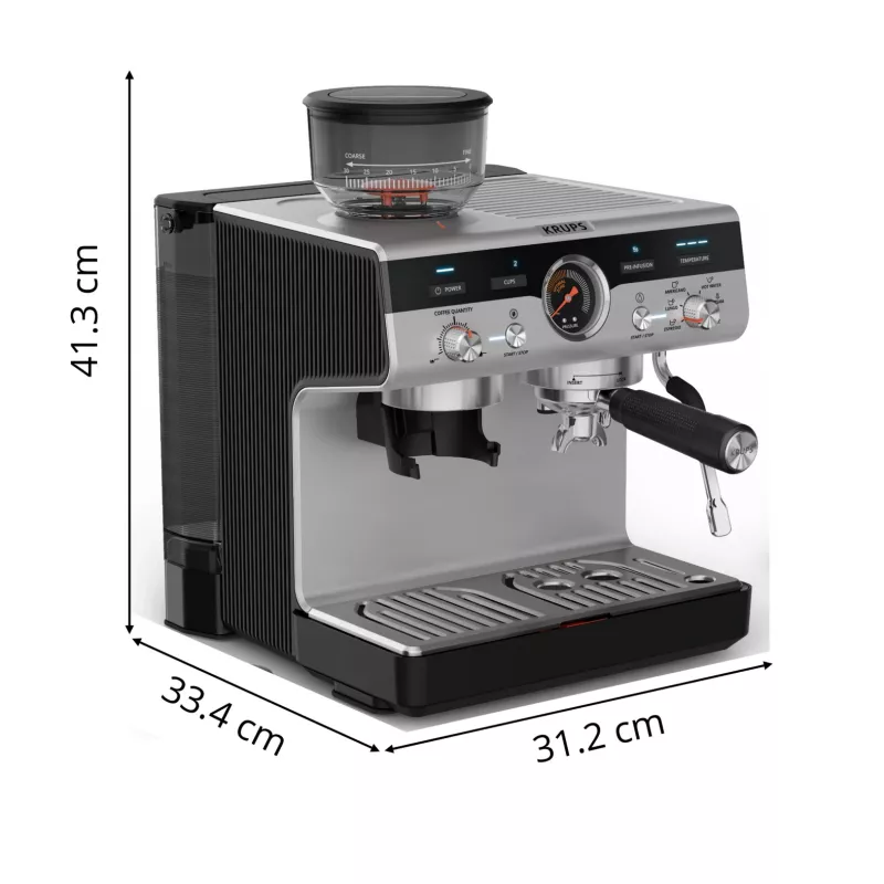 Espressomasin KRUPS XP801T poolautomaatne sisseehitatud veskiga, 3 l veepaak, 2 tassi väljastus, must/roostevaba teras
