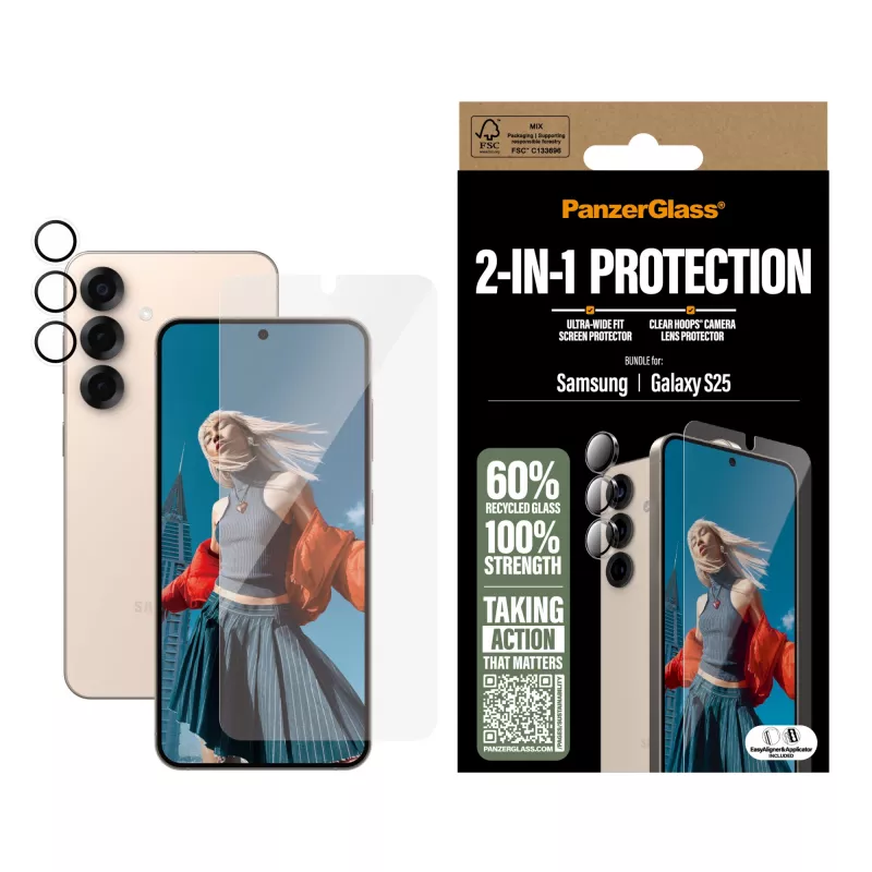 PanzerGlass 2-in-1 kaitsekomplekt Samsung Galaxy S25 kriimustus- ja löögikindlusega
