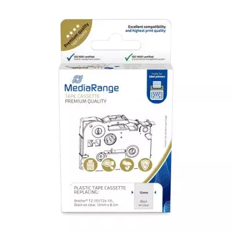 Plastlintkassett MediaRange TZ-131 12 mm must läbipaistval