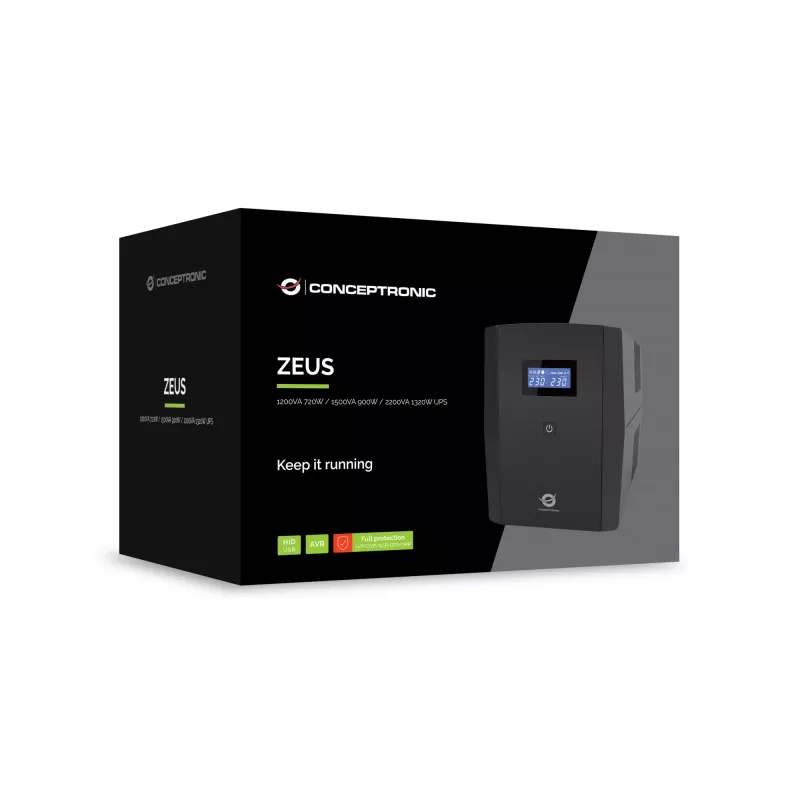Conceptronic ZEUS03G 1200VA 720W UPS, UK pistikupesa x 4, HID USB, RJ45 sisse/välja, AVR