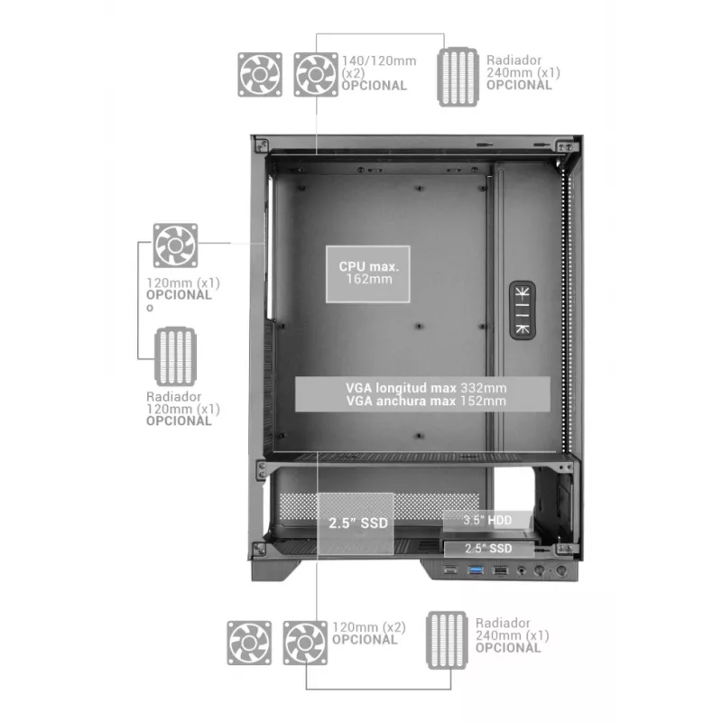 PC-korpus TACENS MARS MC-PULSAR LCD ATX Midi Tower, karastatud klaas, eesmine LCD, USB-C, toetab GPU-d 33,2 cm