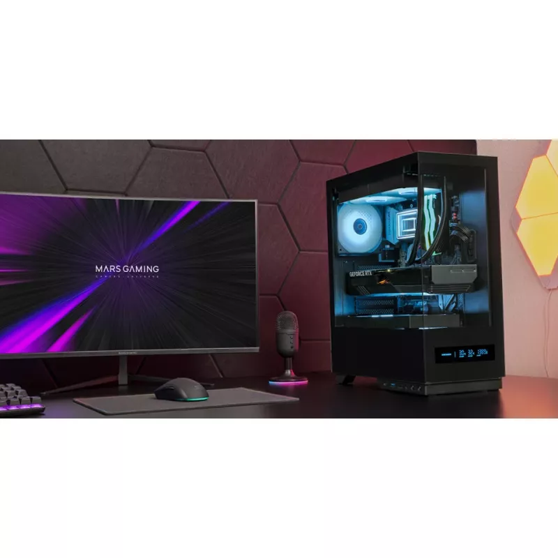 PC-korpus TACENS MARS MC-PULSAR LCD ATX Midi Tower, karastatud klaas, eesmine LCD, USB-C, toetab GPU-d 33,2 cm