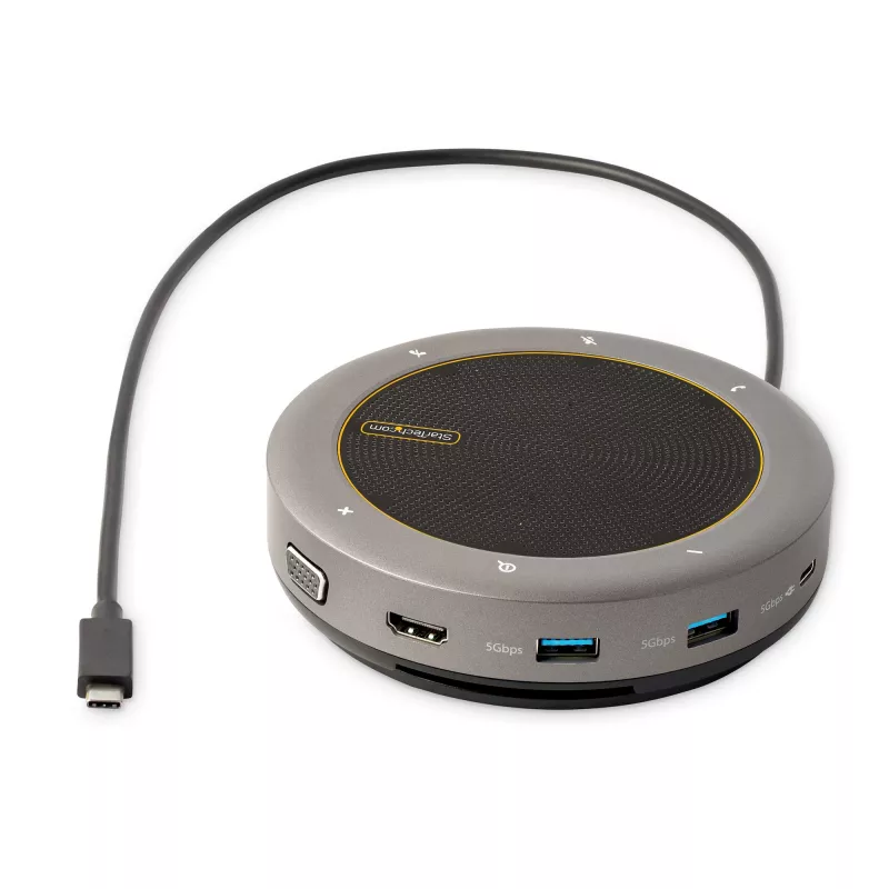 StarTech.com USB-C kõlaritefoni dokkimisjaam, mini kaasaskantav konverentsikõlar ja helidokk, USB-C VGA/4K HDMI-le, 2x USB-A jaotur, mikrofon/kõlar, Teams/Zoom/tarkvaratelefoni kõlaritefon