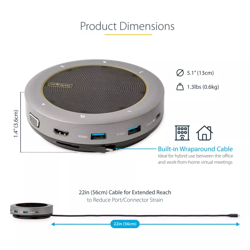 StarTech.com USB-C kõlaritefoni dokkimisjaam, mini kaasaskantav konverentsikõlar ja helidokk, USB-C VGA/4K HDMI-le, 2x USB-A jaotur, mikrofon/kõlar, Teams/Zoom/tarkvaratelefoni kõlaritefon