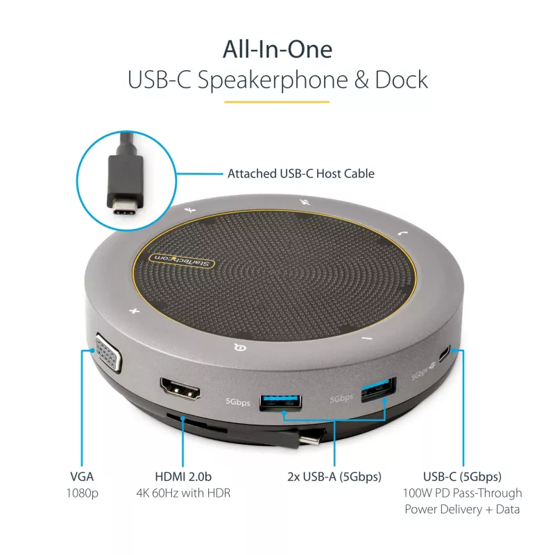 StarTech.com USB-C kõlaritefoni dokkimisjaam, mini kaasaskantav konverentsikõlar ja helidokk, USB-C VGA/4K HDMI-le, 2x USB-A jaotur, mikrofon/kõlar, Teams/Zoom/tarkvaratelefoni kõlaritefon