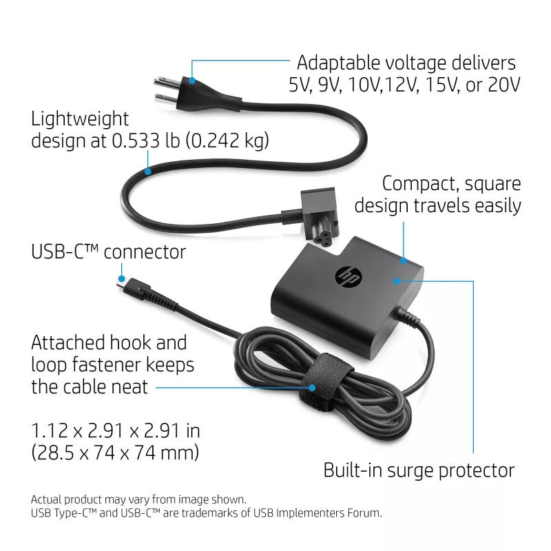 HP USB-C reisitoiteadapter 65 W – kompaktne siseruumide laadija must, 74×74×28,5 mm