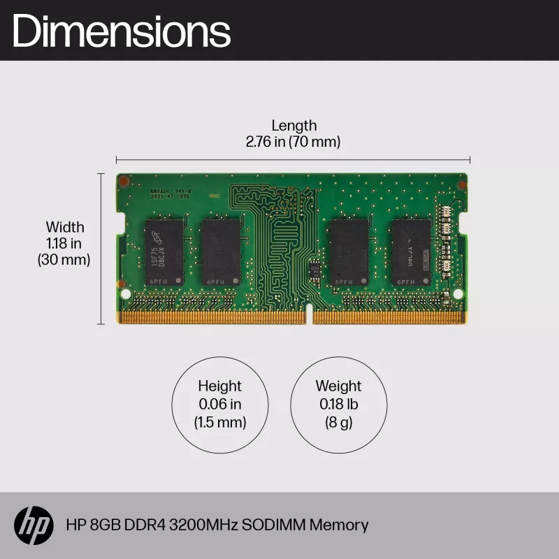 HP 8GB DDR4 3200 SODIMM-mälu, Äriklass, Windows 10, Windows 11, 70 mm, 30 mm, 1,5 mm, 8 g