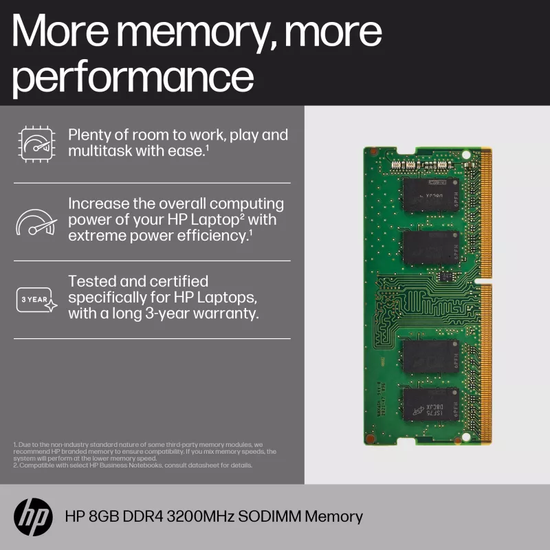HP 8GB DDR4 3200 SODIMM-mälu, Äriklass, Windows 10, Windows 11, 70 mm, 30 mm, 1,5 mm, 8 g