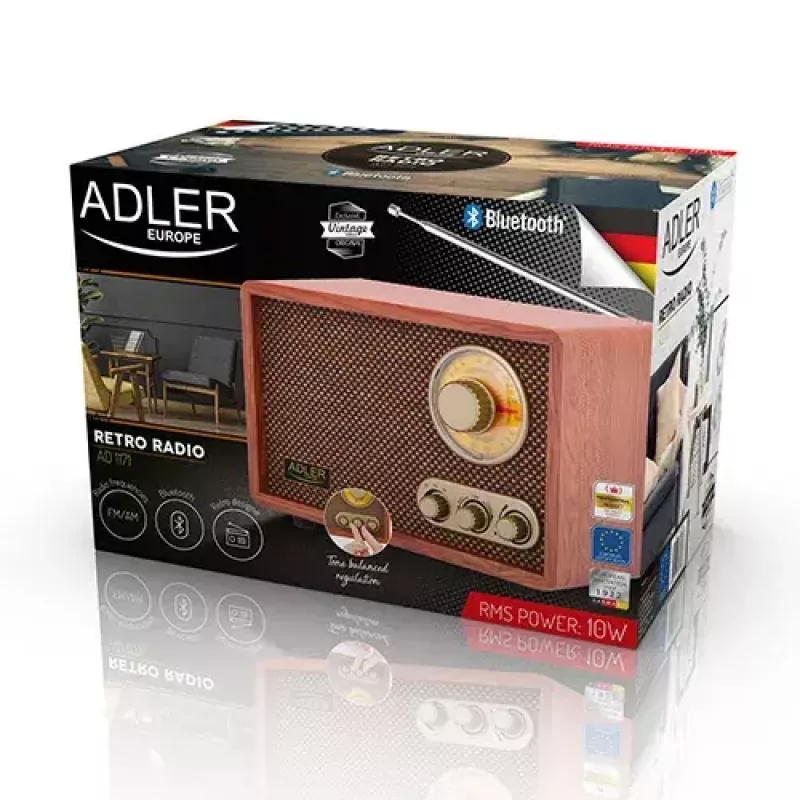 Kaasaskantav raadio Adler AD 1171 — AM/FM, 10 W RMS, Bluetooth, välisantenn, pronksjas, 290×200×172 mm