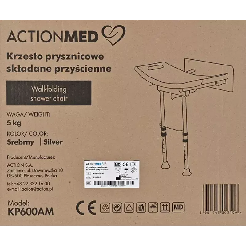 Seinale kinnitatav kokkupandav dušitool ActionMed KP600AM — valge, ergonoomiline iste, reguleeritavad libisemiskindlad jalad, 3 kg