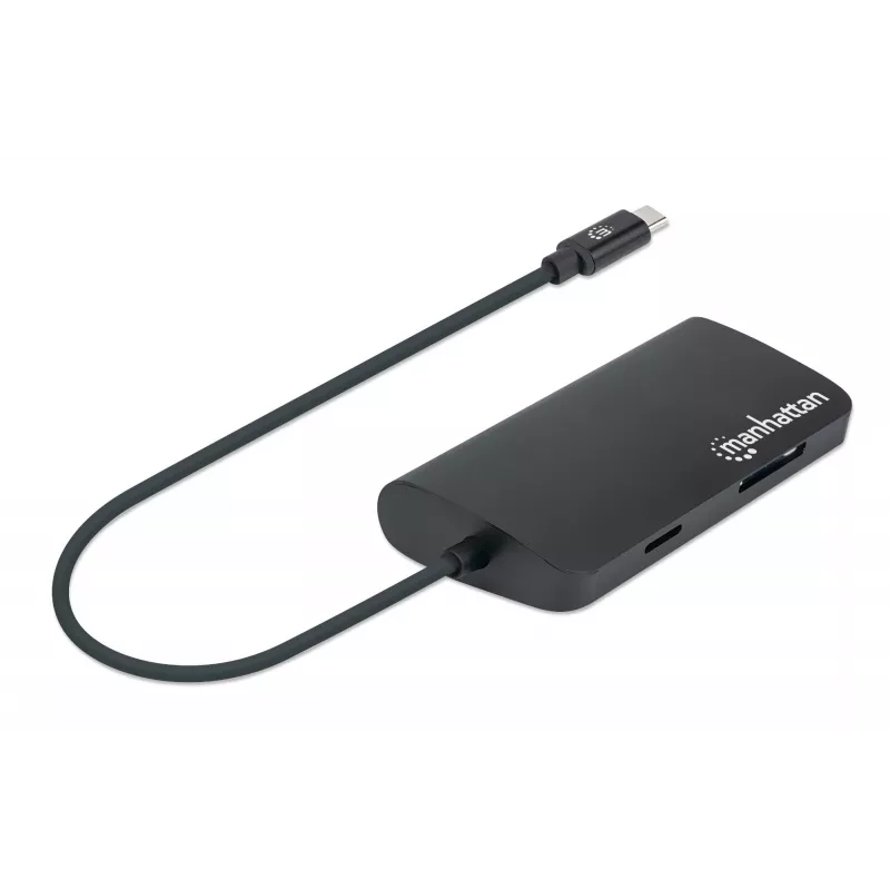 Manhattan USB-C dokk/jaotur kaardilugejaga, pordid (x5): Ethernet, USB-A (3) ja USB-C, 5 Gbps (USB 3.2 Gen1 ehk USB 3.0), toiteedastusega (100 W) USB-C porti (märkus: vaja on täiendavat USB-C seinlaadijat ja USB-C kaablit), universaalne kõigile seadmetele, alumiinium