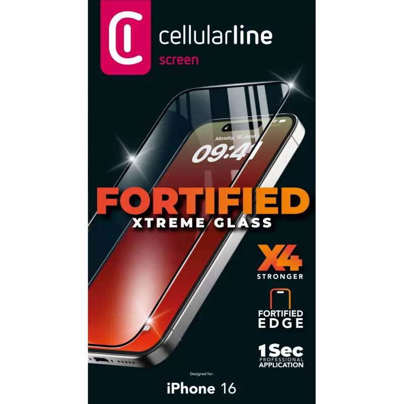 Cellularline Fortified Xtreme Glass – iPhone 16 ülitugev karastatud klaas tugevdatud servadega, lihtne paigaldada ja ülivastupidav