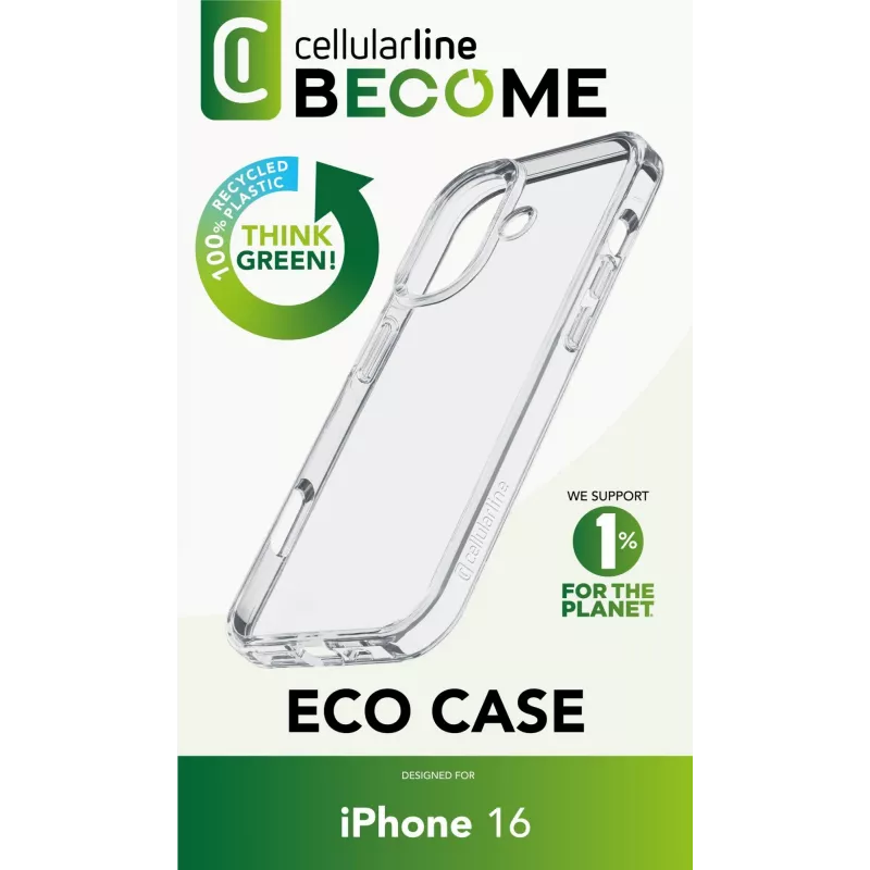 Cellularline Become Case - iPhone 16 ümbris, valmistatud 100% taaskasutatud plastist